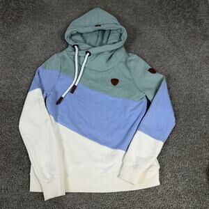 Wanakome Hoodie Womens Large Green Blue White Colorblock Cowl Neck Pullover